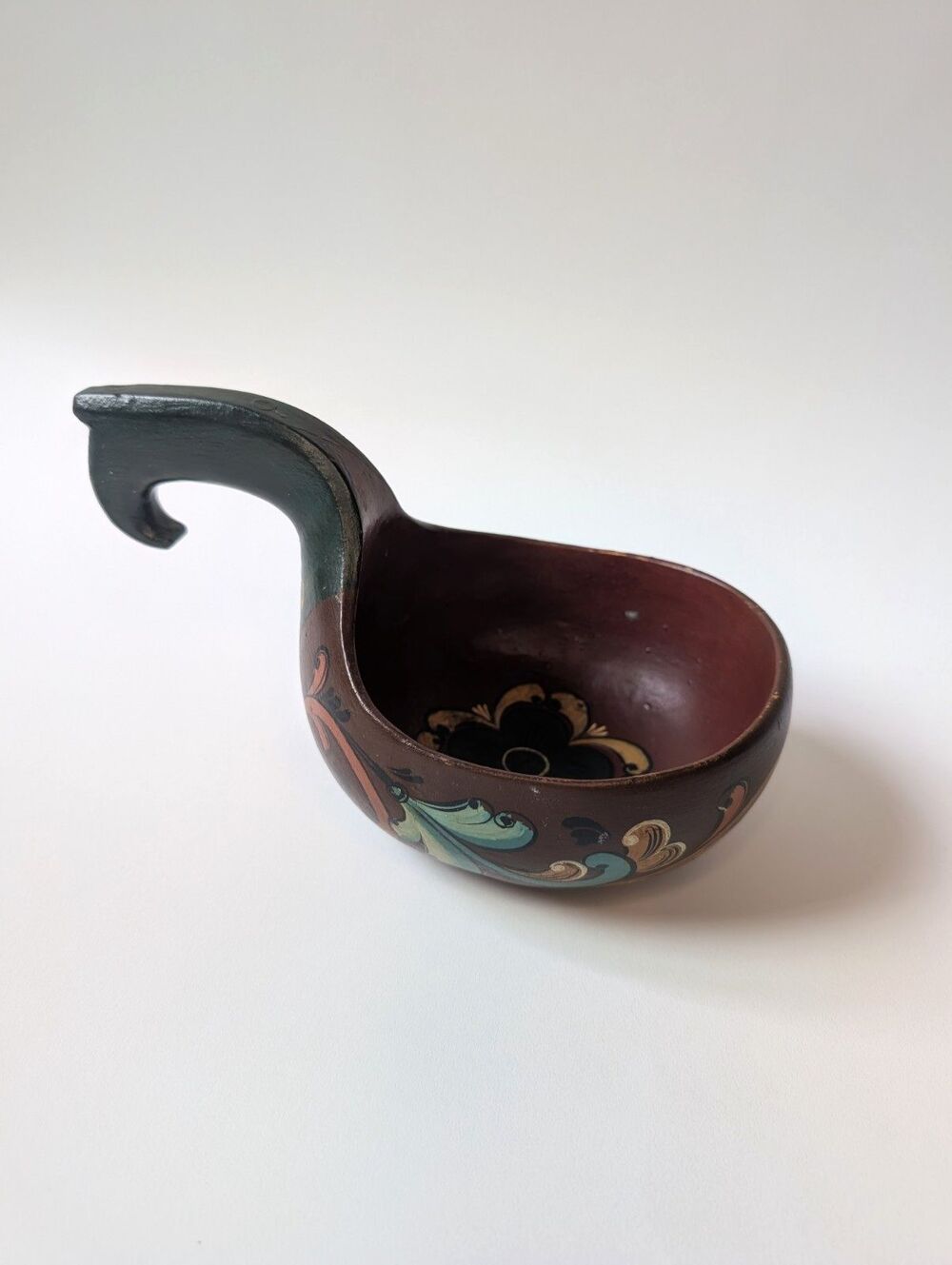 Vintage Wooden Norwegian Rosemaling Kjenge Ale Bowl/Ladle Folk Art